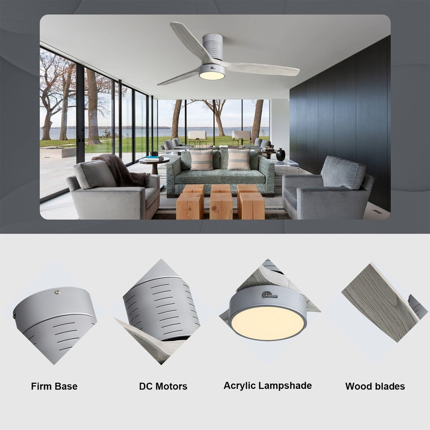 Ventilateur de plafond encastré de style campagnard de 52 pouces avec éclairage et télécommande, moteur CC réversible