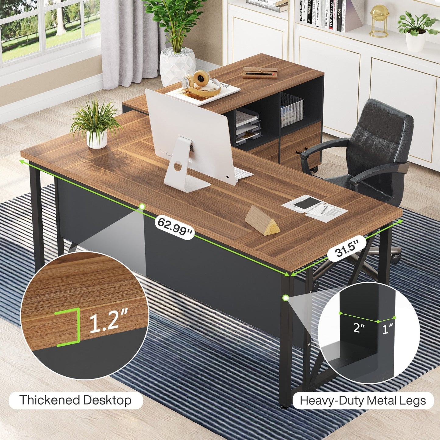 Bureau d'ordinateur en L de 63 pouces avec classeur latéral de 47 pouces, ensemble de bureau exécutif pour la maison