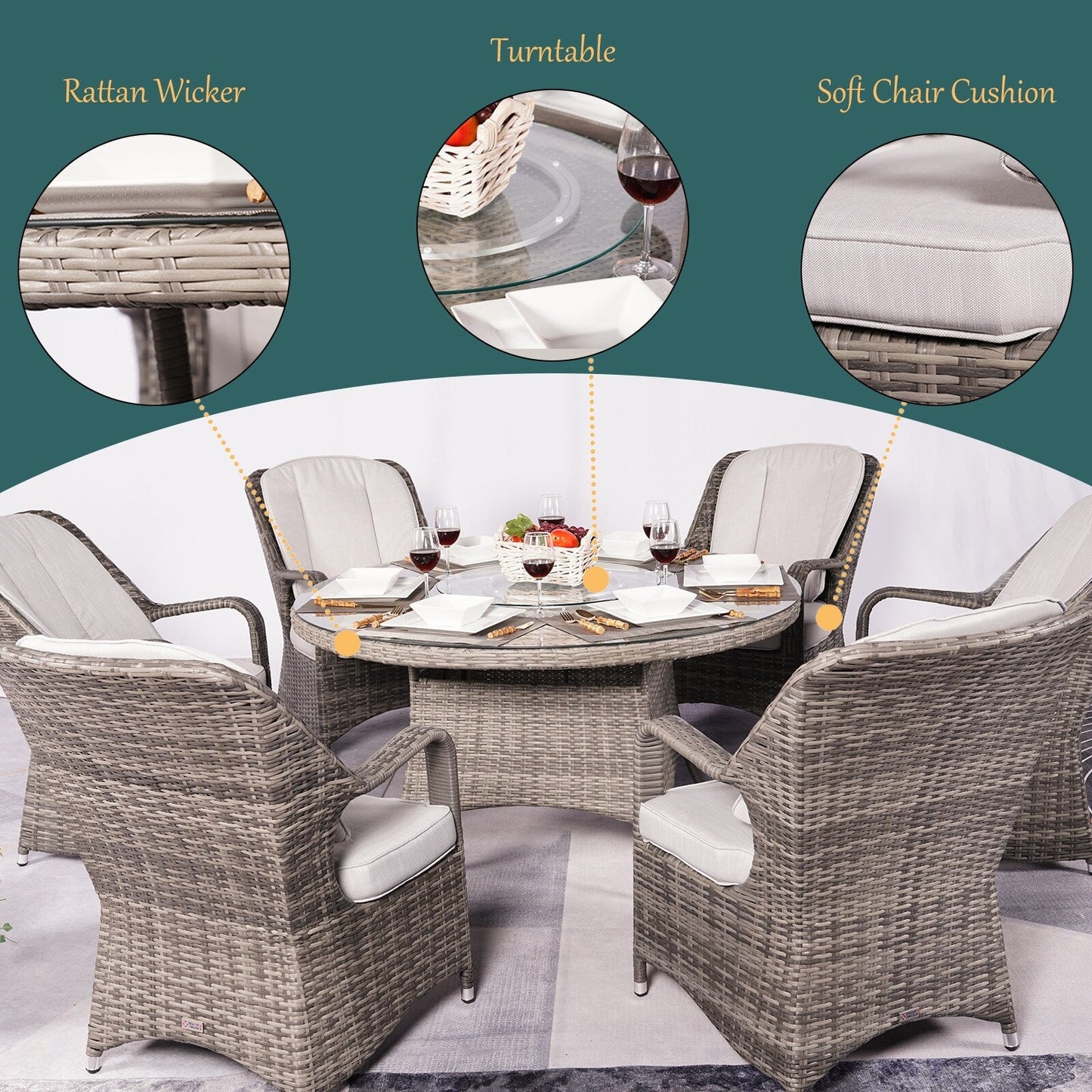 Ensemble de salle à manger rond en rotin et osier pour patio extérieur 7 pièces avec coussins par Moda Furnishings