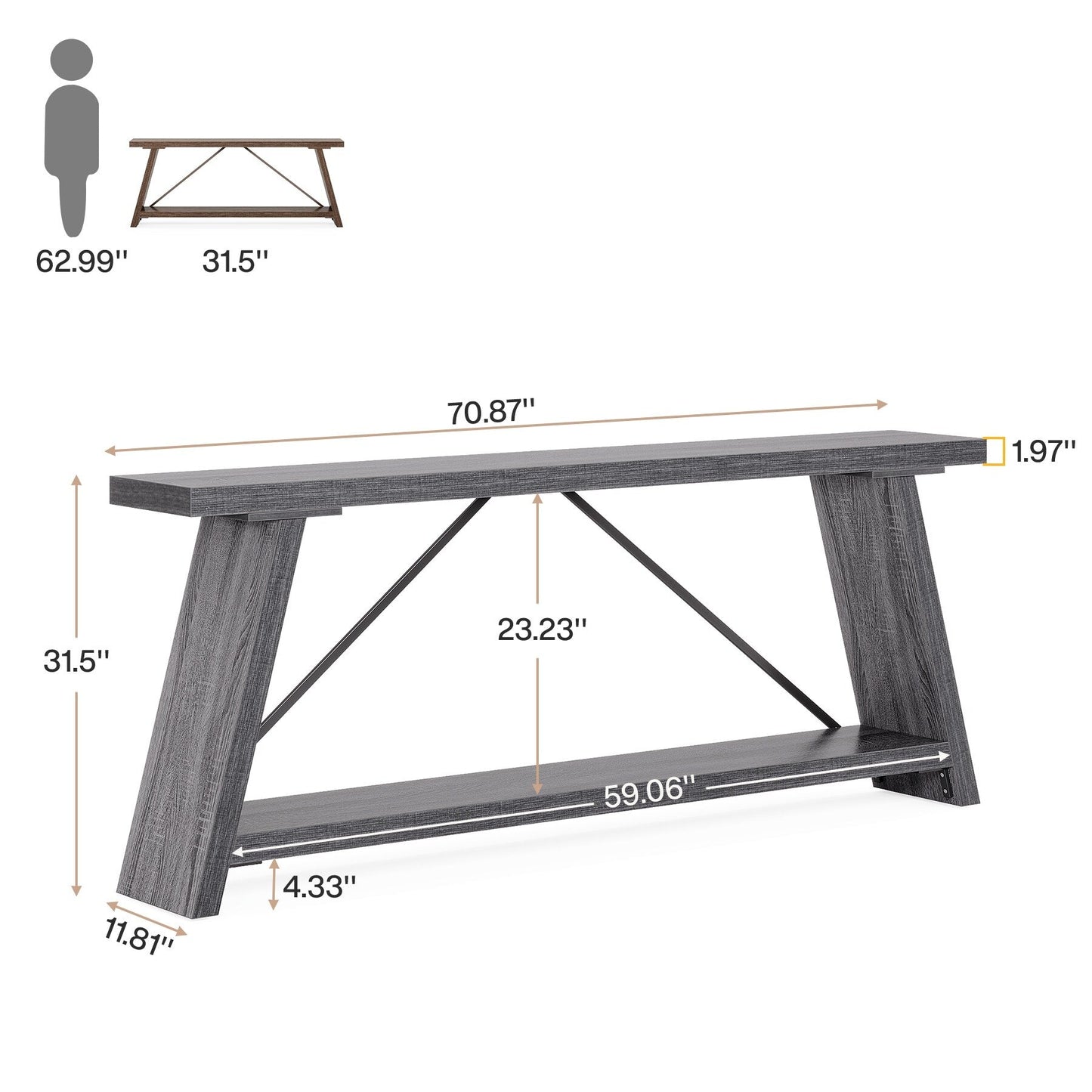 Console de canapé en bois rustique de 70,9 pouces de long avec étagère de rangement