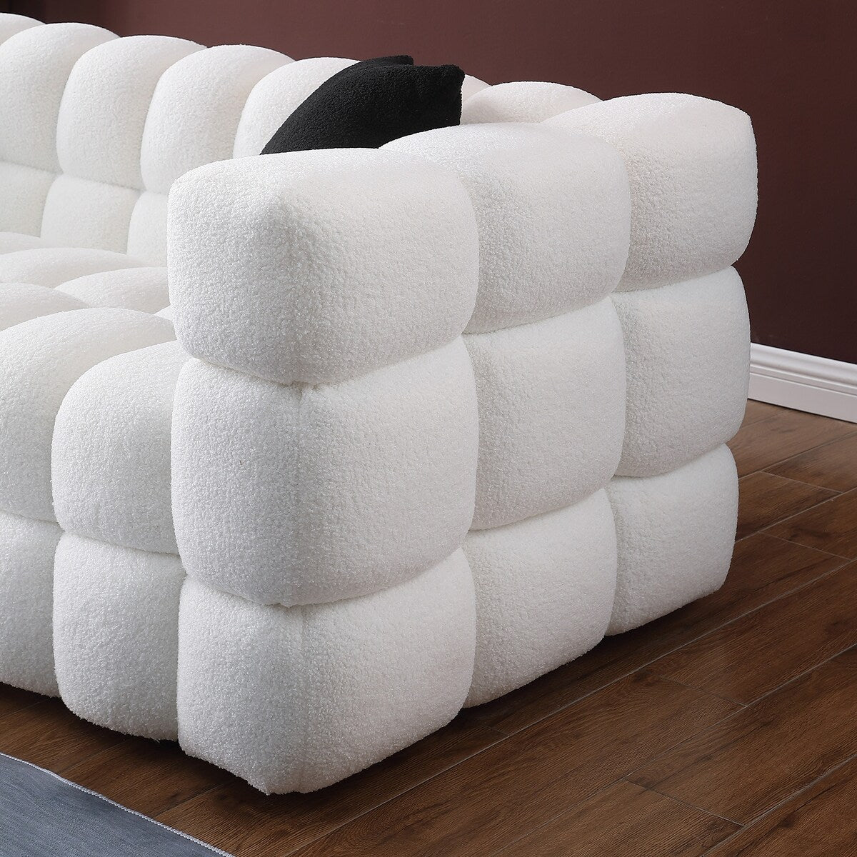84.3 Luxueux grand canapé Boucle 3 places rembourré Marshmallow avec 2 coussins décoratifs carrés et accoudoir carré