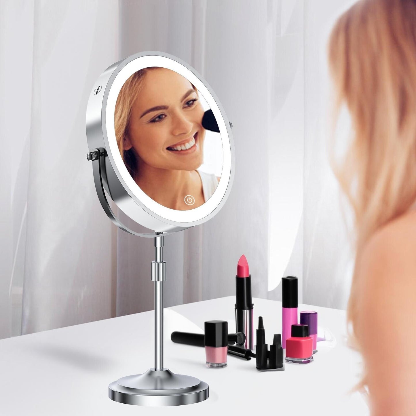 Miroir de maquillage éclairé à 9 LED, miroir grossissant double face avec grossissement 1X/10x, 3 couleurs d'éclairage