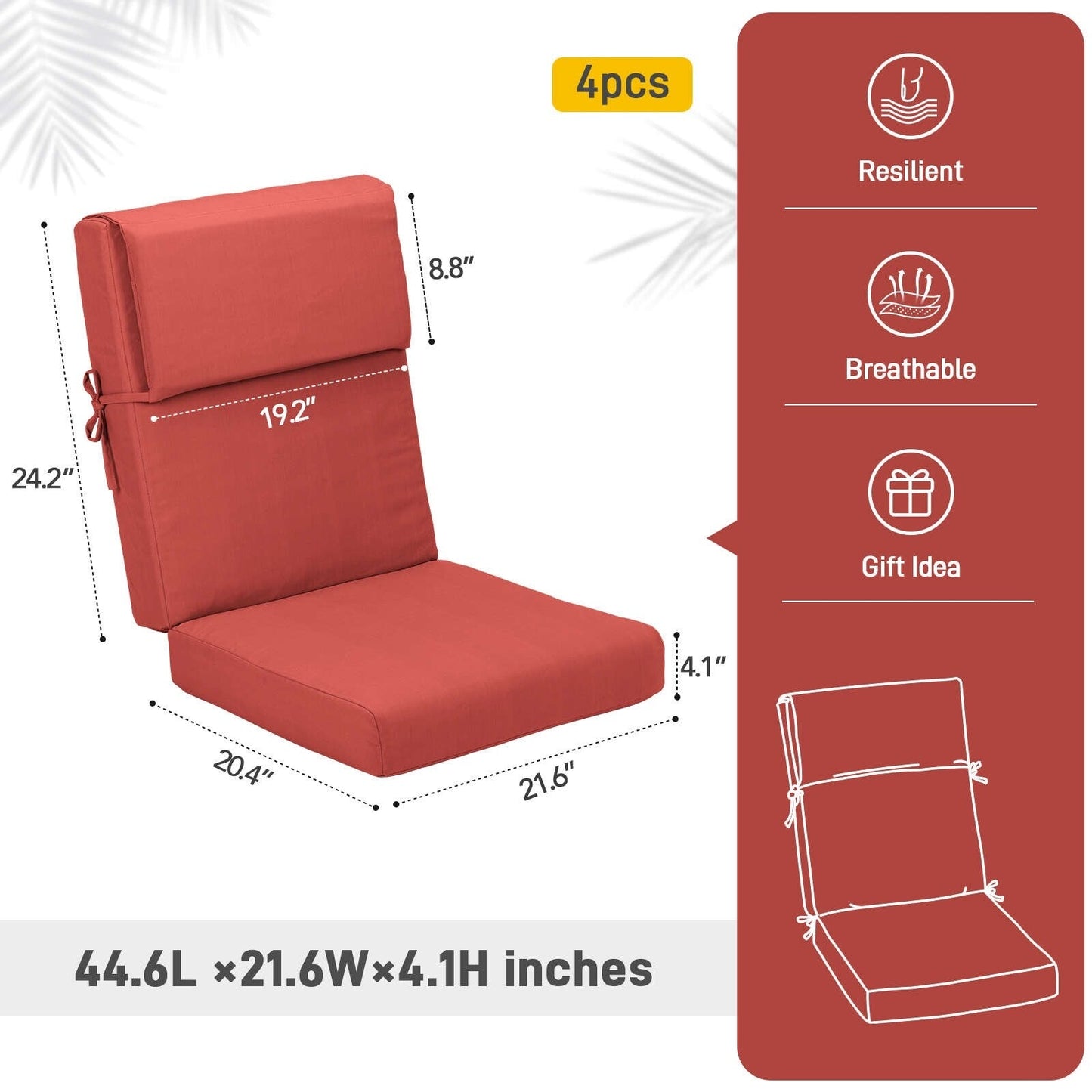 Lot de 4 coussins de chaise à dossier haut Aoodor Patio, 46 x 21 x 4 pouces (coussins uniquement)