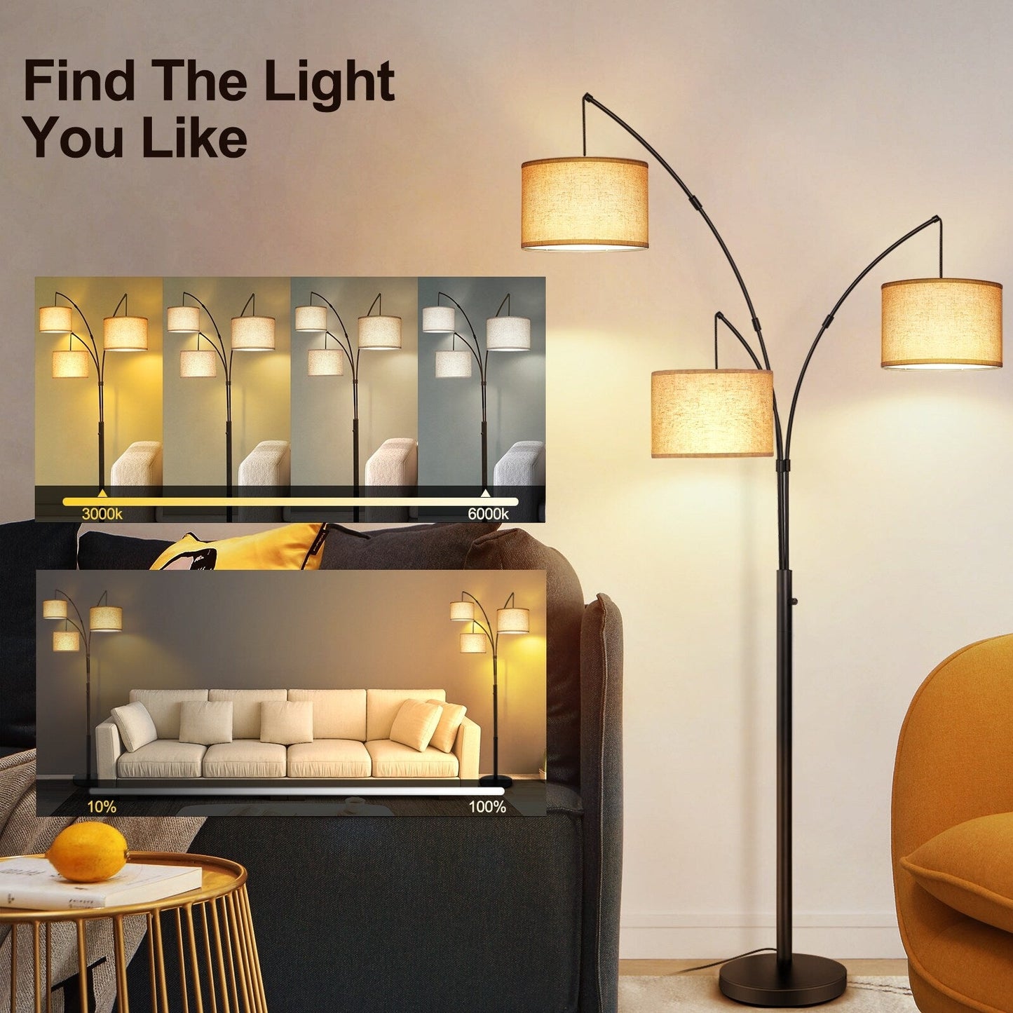 Lampadaire LED Arc à intensité variable, moderne, noir, 3 lampes, haut et arqué