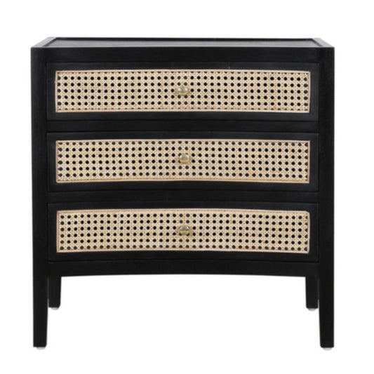 Commode latérale incurvée noire avec tiroirs en rotin
