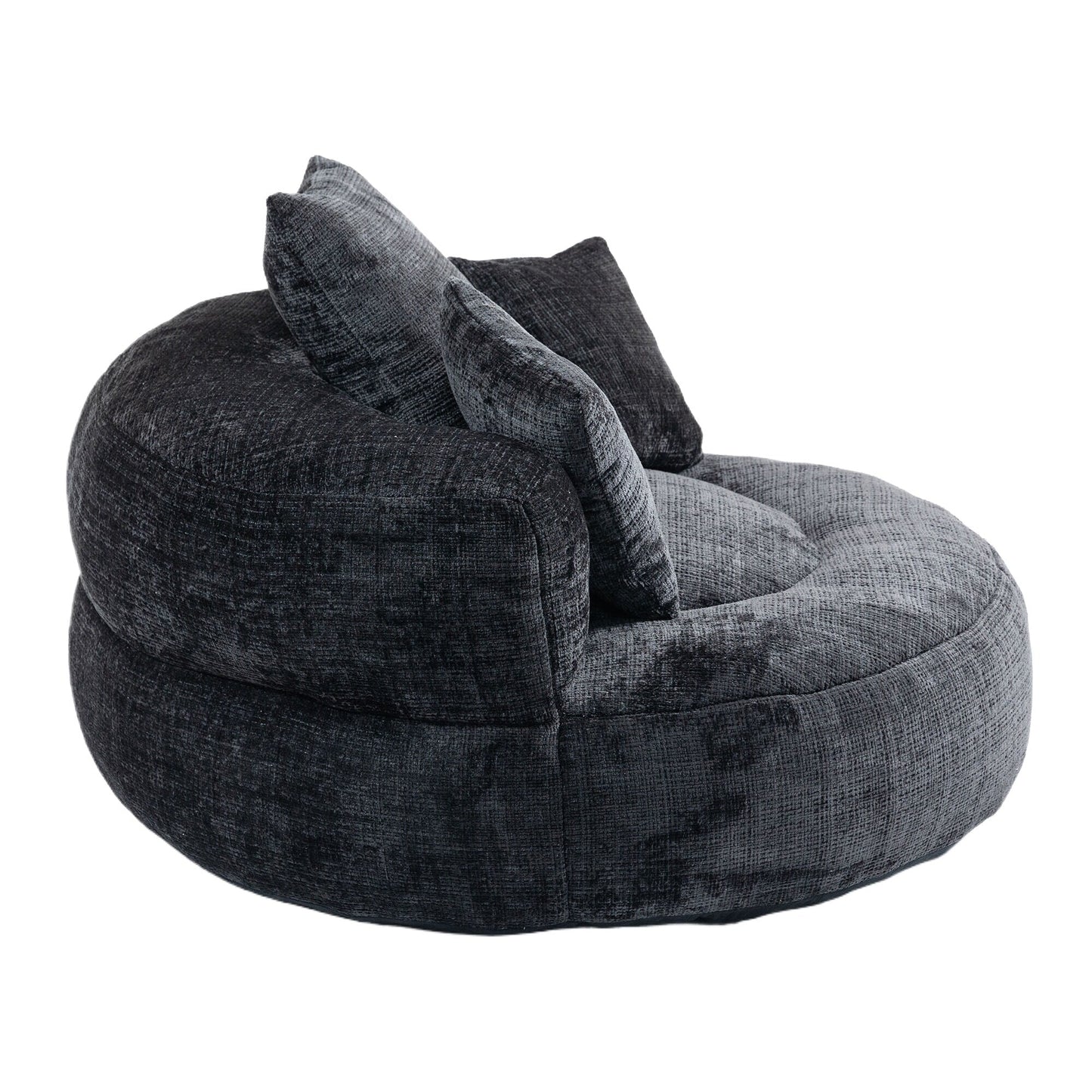 Pouf simple surdimensionné en chenille noir de 42,52 pouces avec trois oreillers pour chambre à coucher