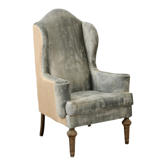 Fauteuil d'appoint en velours bleu pelucheux et toile de jute