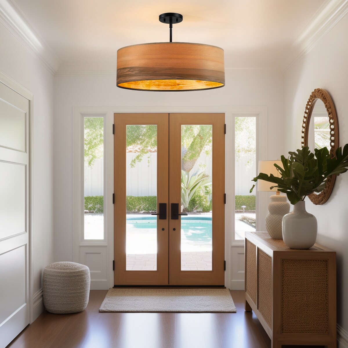 Lustre tambour Breaux à 4 lumières en placage de bois avec auvent noir - 22 po de largeur