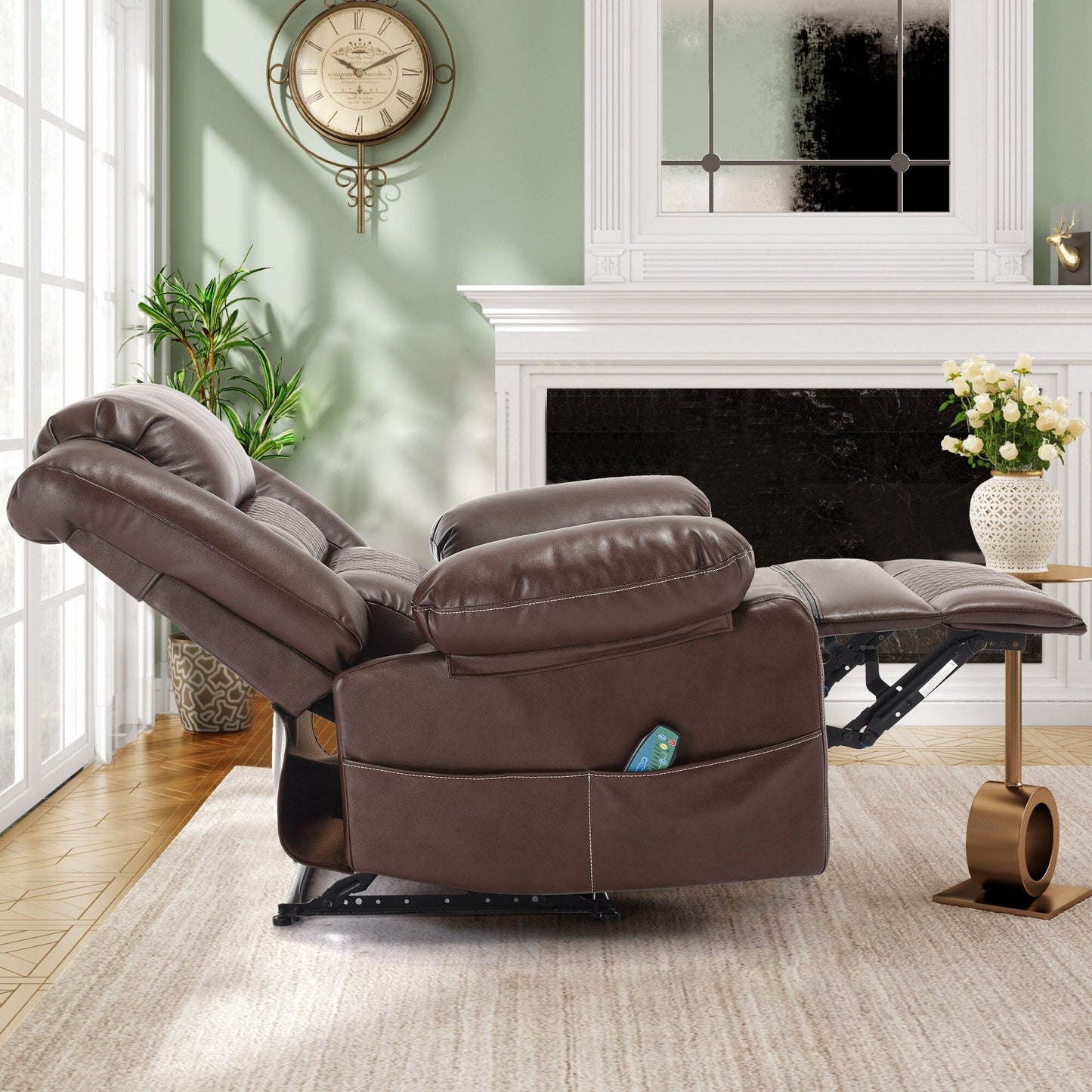 Fauteuil inclinable manuel marron avec massage à 8 points, fonction chauffante et cadre robuste pour un confort optimal au salon