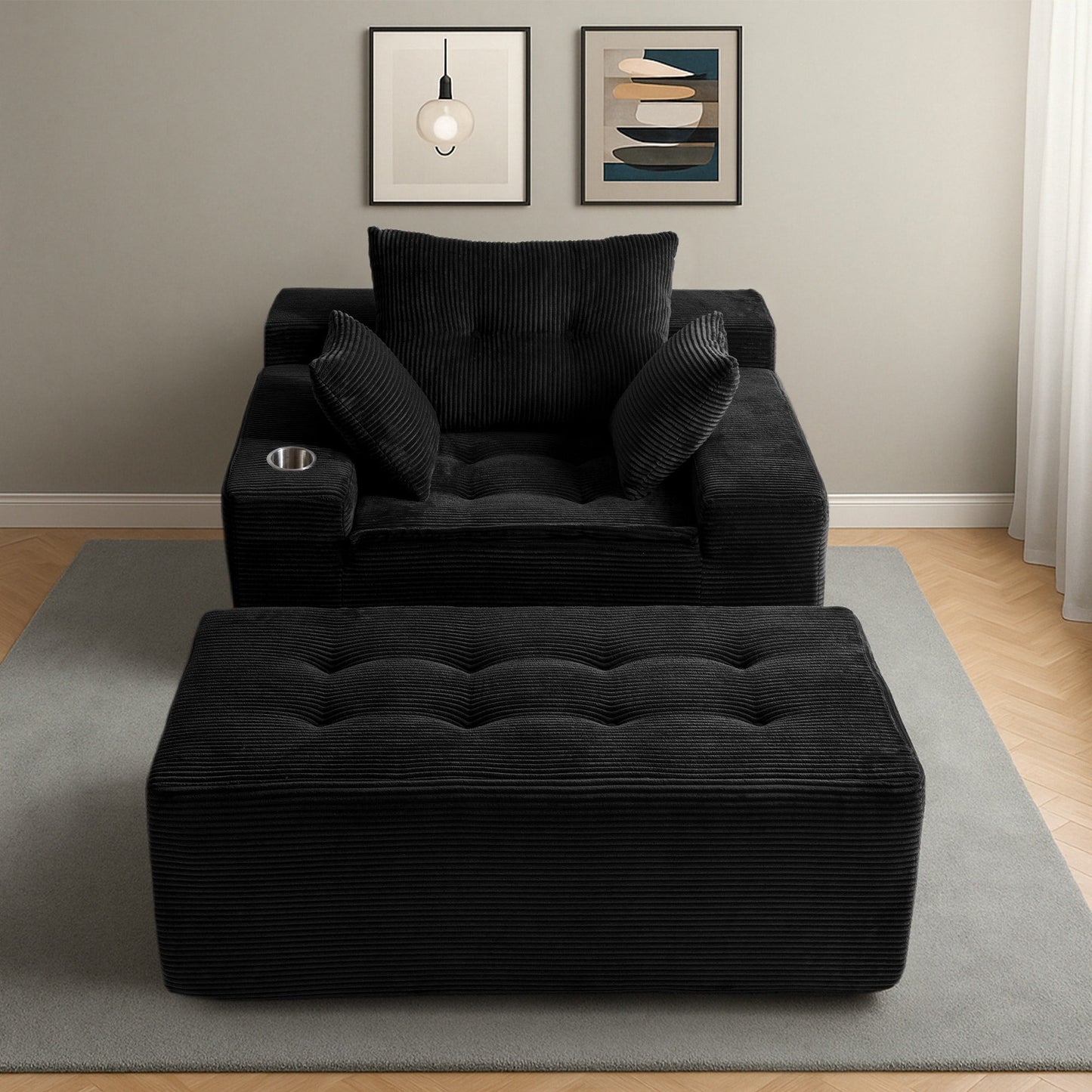 Canapé pouf rembourré en velours côtelé et mousse à mémoire de forme avec pouf - 48,4 L x 67,7 l x 24,4 H