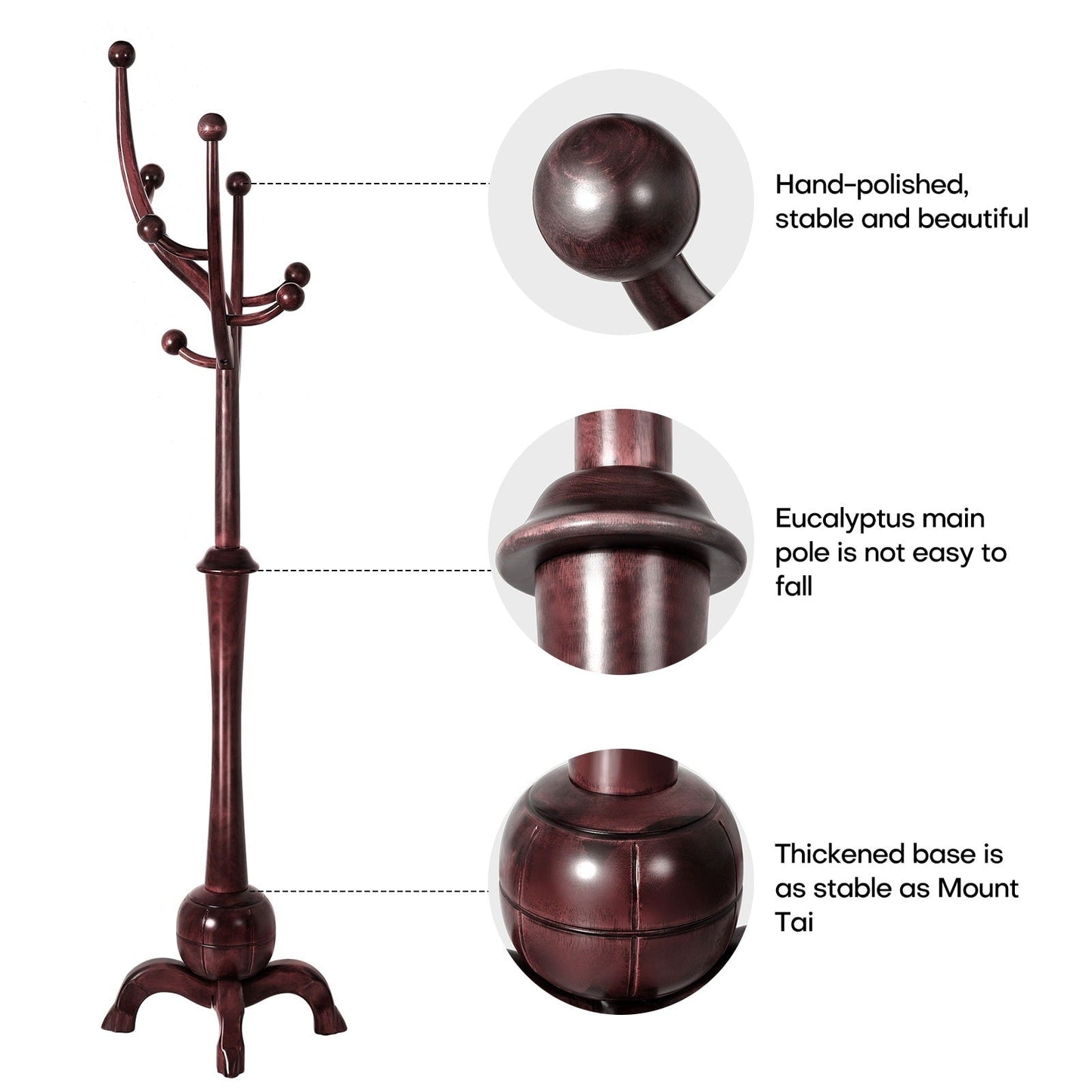 Porte-manteau autoportant en bois d'hévéa avec 8 crochets - 24,5 L x 70,87 H