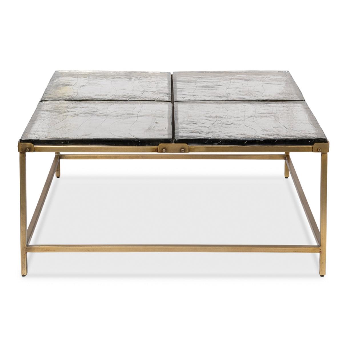 Table basse sectionnelle en laiton avec plateau en verre