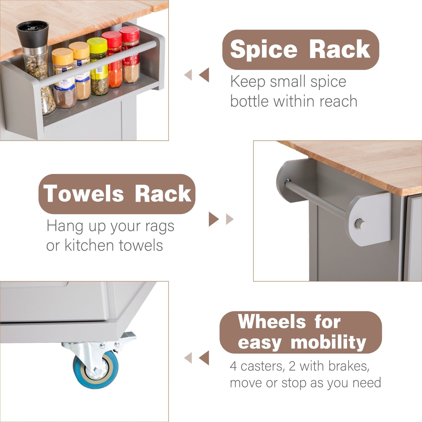 Desserte de cuisine Sophia & William avec abattant et plateau en bois d'hévéa, chariot de cuisine roulant avec grand meuble de rangement