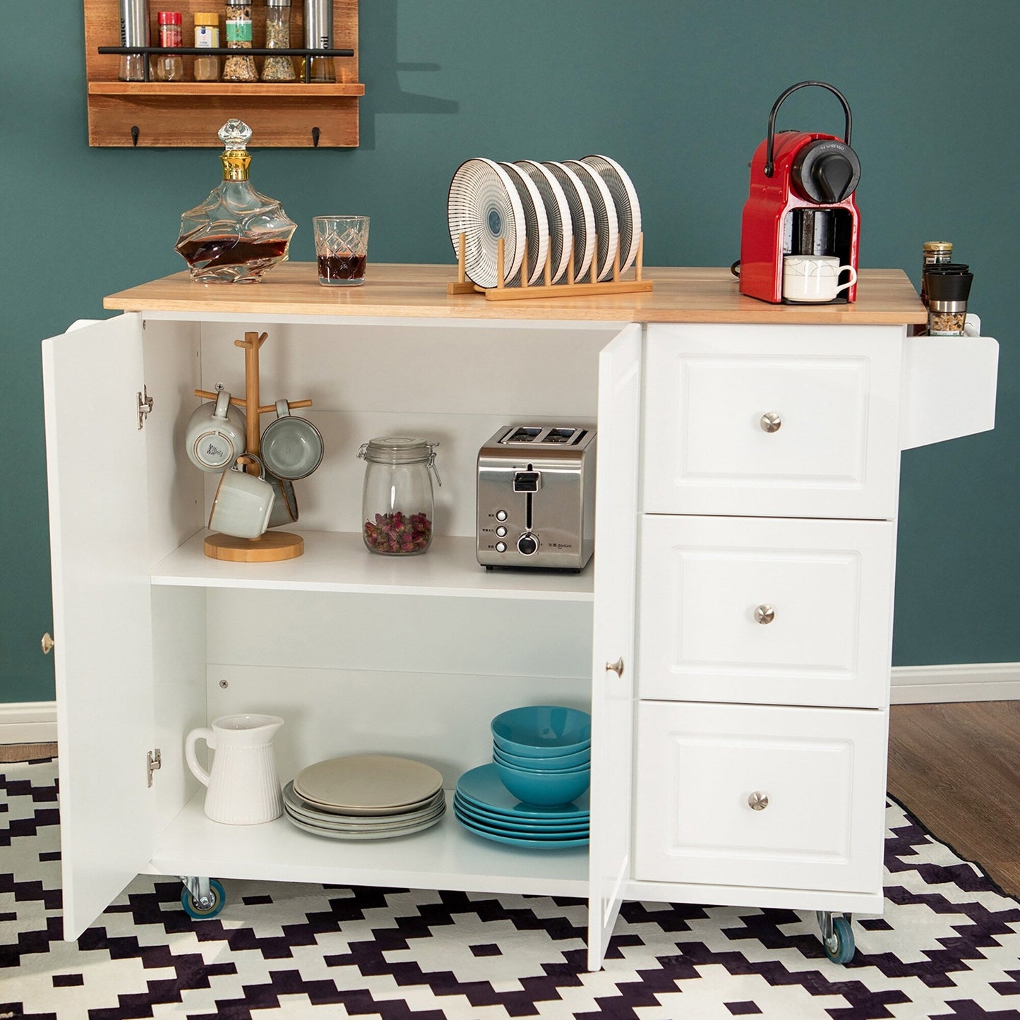 Desserte de cuisine Sophia & William avec abattant et plateau en bois d'hévéa, chariot de cuisine roulant avec grand meuble de rangement