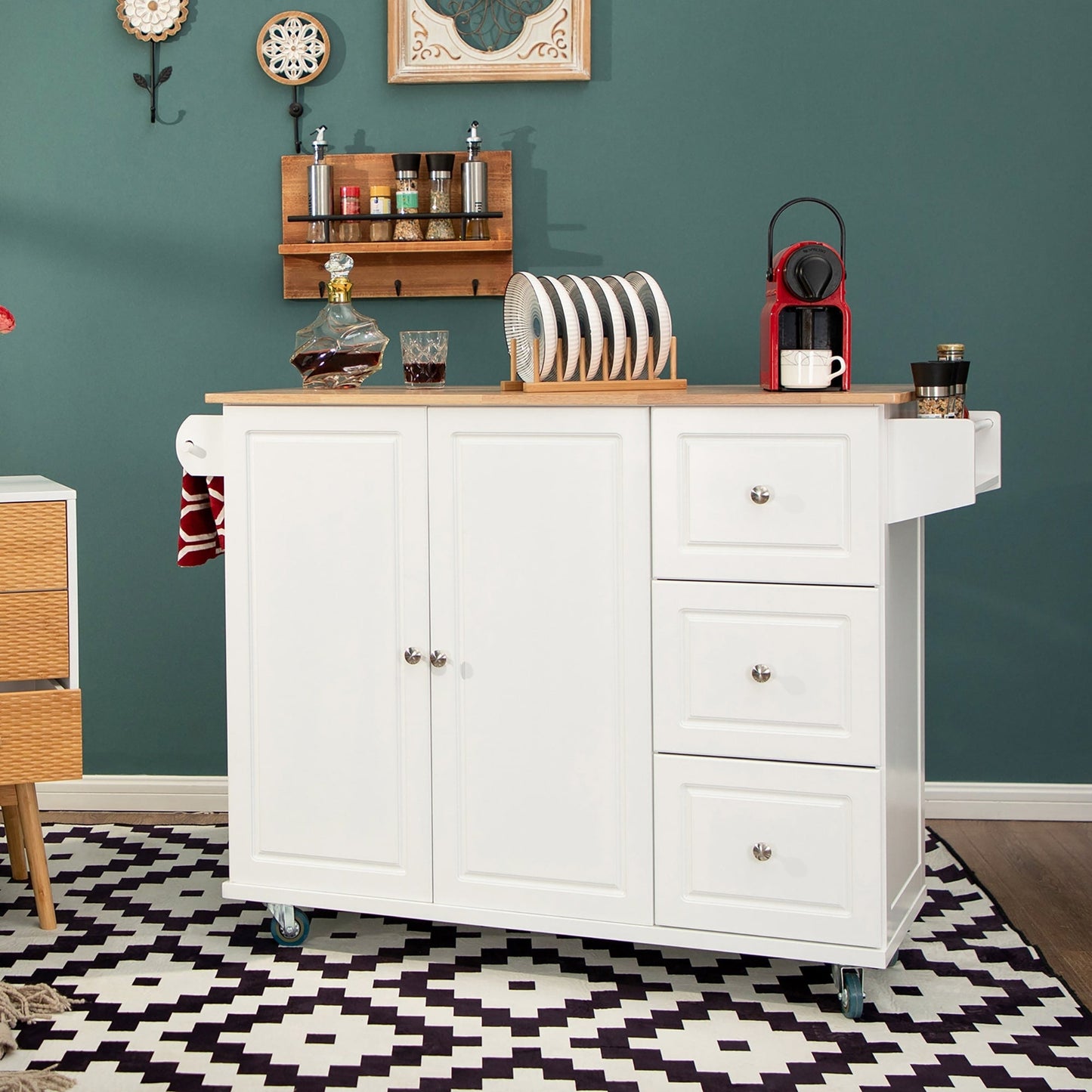 Desserte de cuisine Sophia & William avec abattant et plateau en bois d'hévéa, chariot de cuisine roulant avec grand meuble de rangement