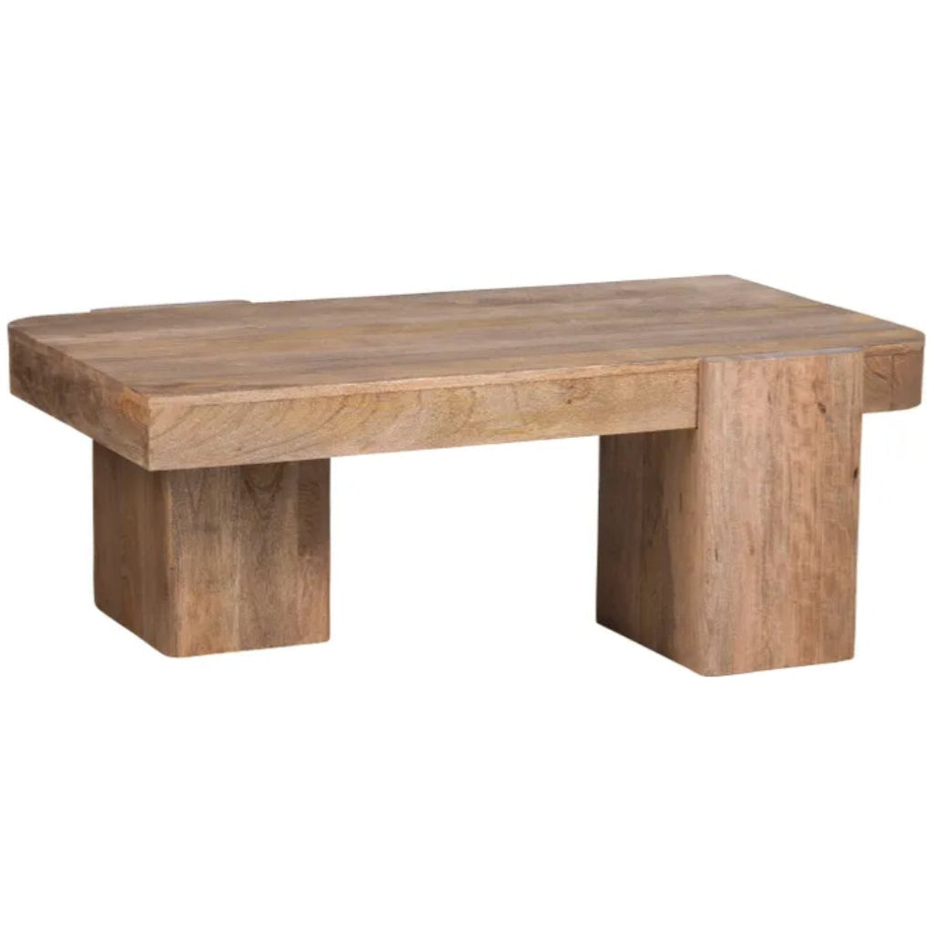 Table basse rustique en bois de manguier avec pieds en dalle