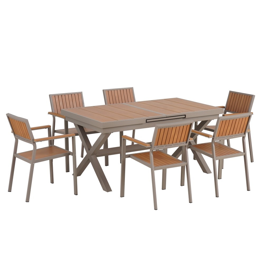 Ensemble de salle à manger d'extérieur moderne de 7 pièces avec six chaises et une table extensible pour patio