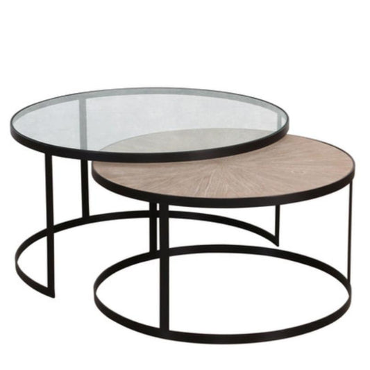 Tables gigognes en fer avec plateau en verre et bois