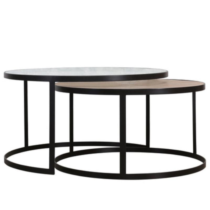 Tables gigognes en fer avec plateau en verre et bois