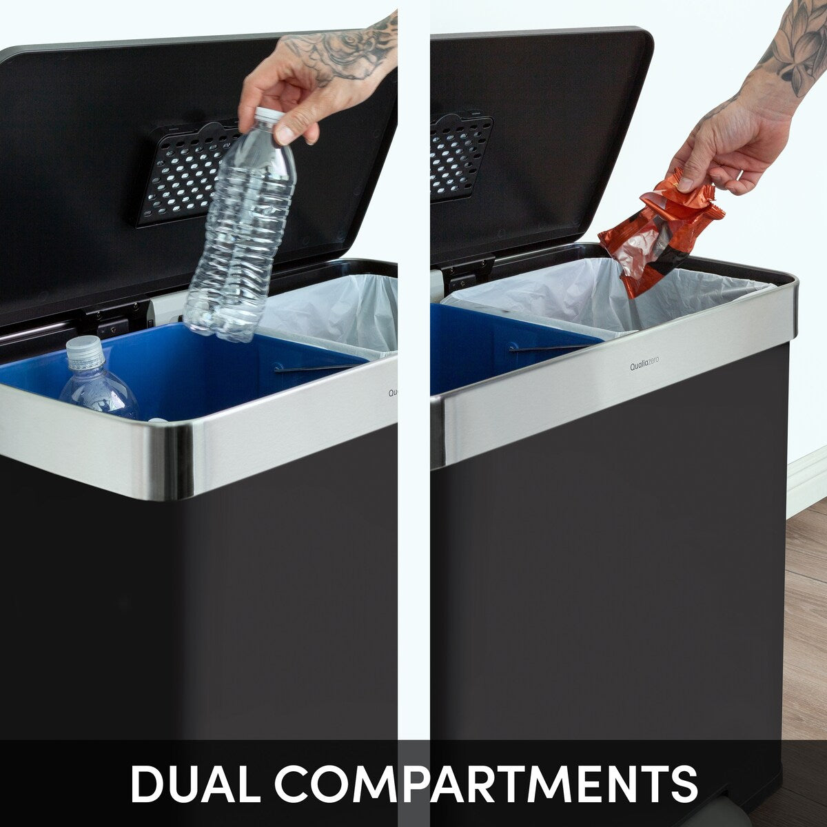 Poubelle de recyclage rectangulaire Qualiazero 16 gal (unité double 8 gal) - Acier inoxydable