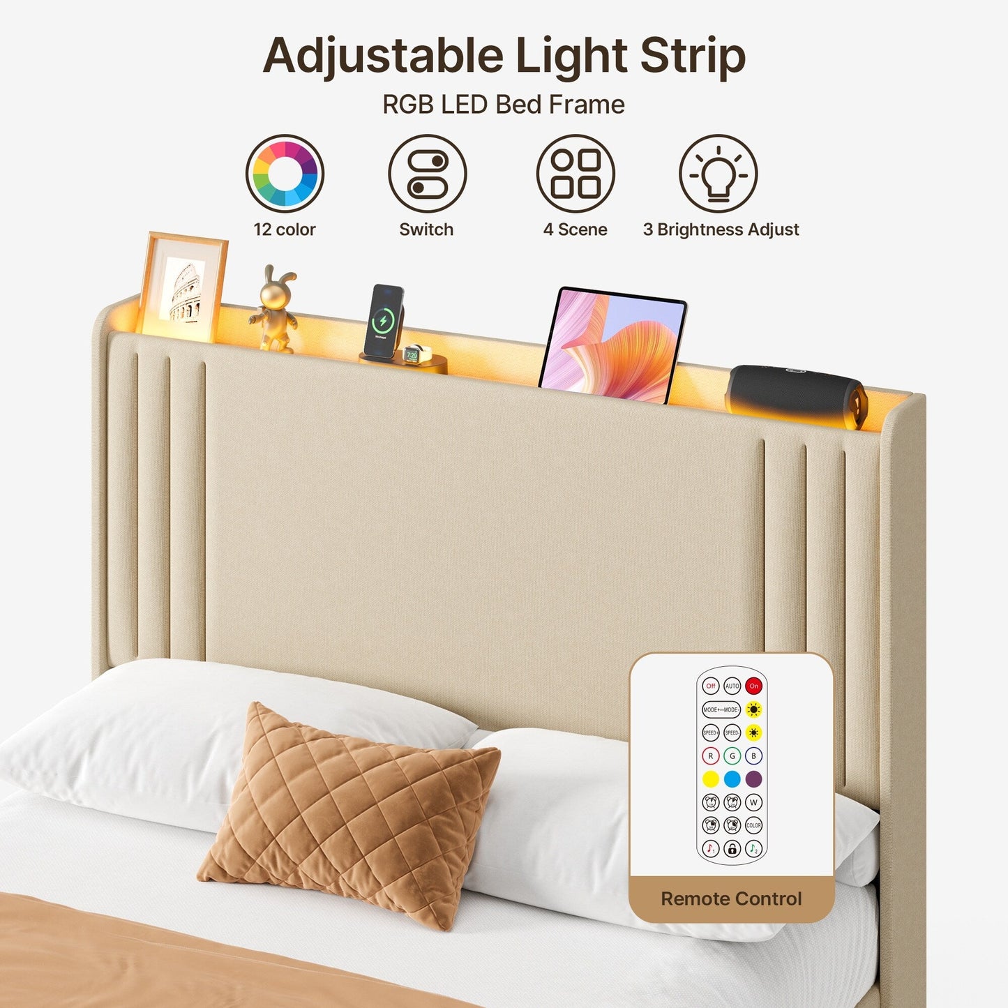 Lit Queen/Full rembourré à canaux verticaux avec tête de lit à oreilles