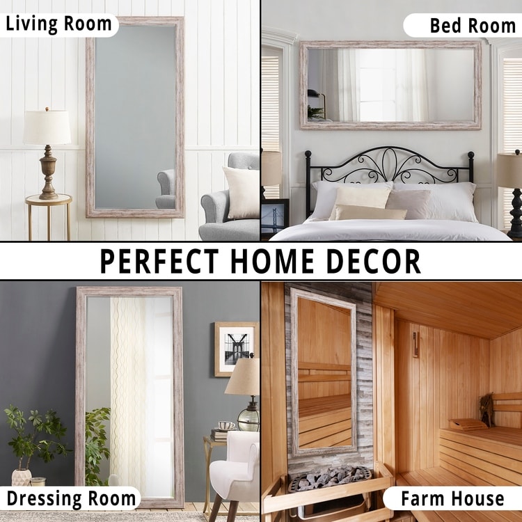 Miroir rustique pleine longueur - 66 x 32 cm, cadre rectangulaire en bois, miroir intégral pour salon, chambre à coucher