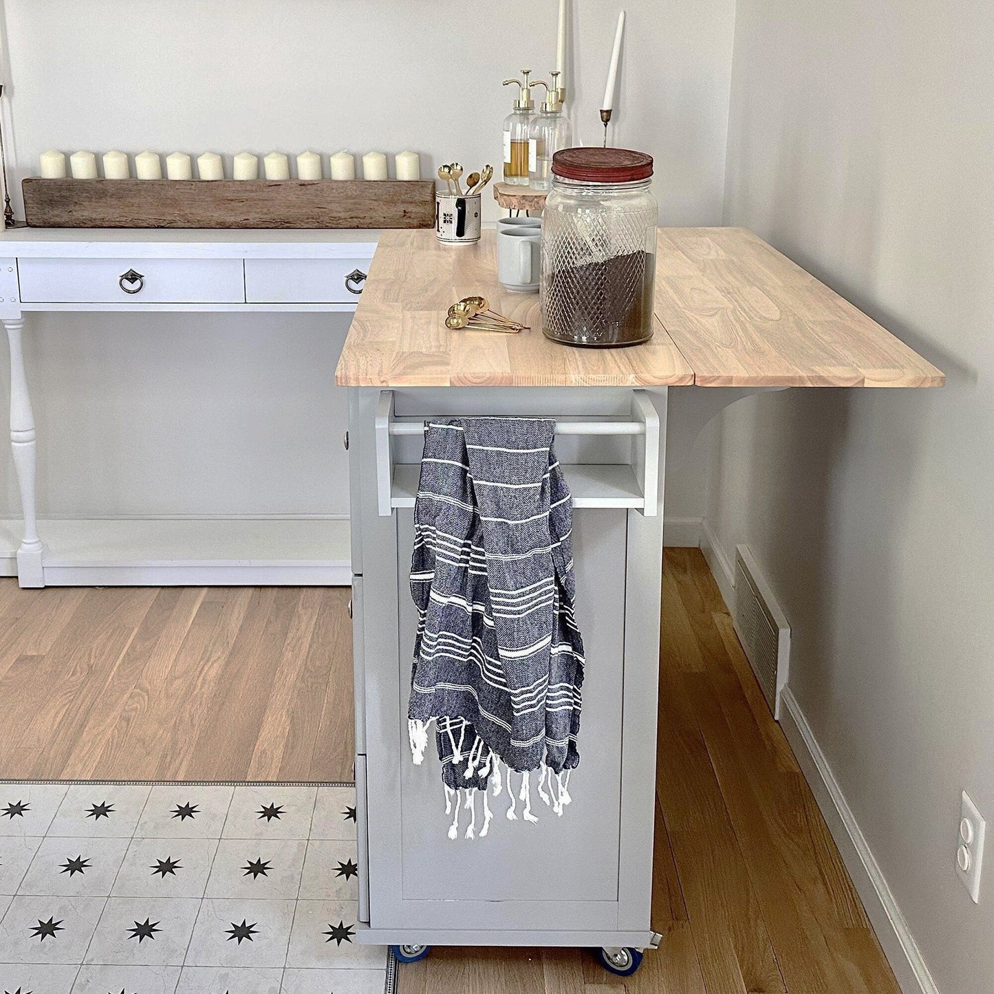 Desserte de cuisine Sophia & William avec abattant et plateau en bois d'hévéa, chariot de cuisine roulant avec grand meuble de rangement