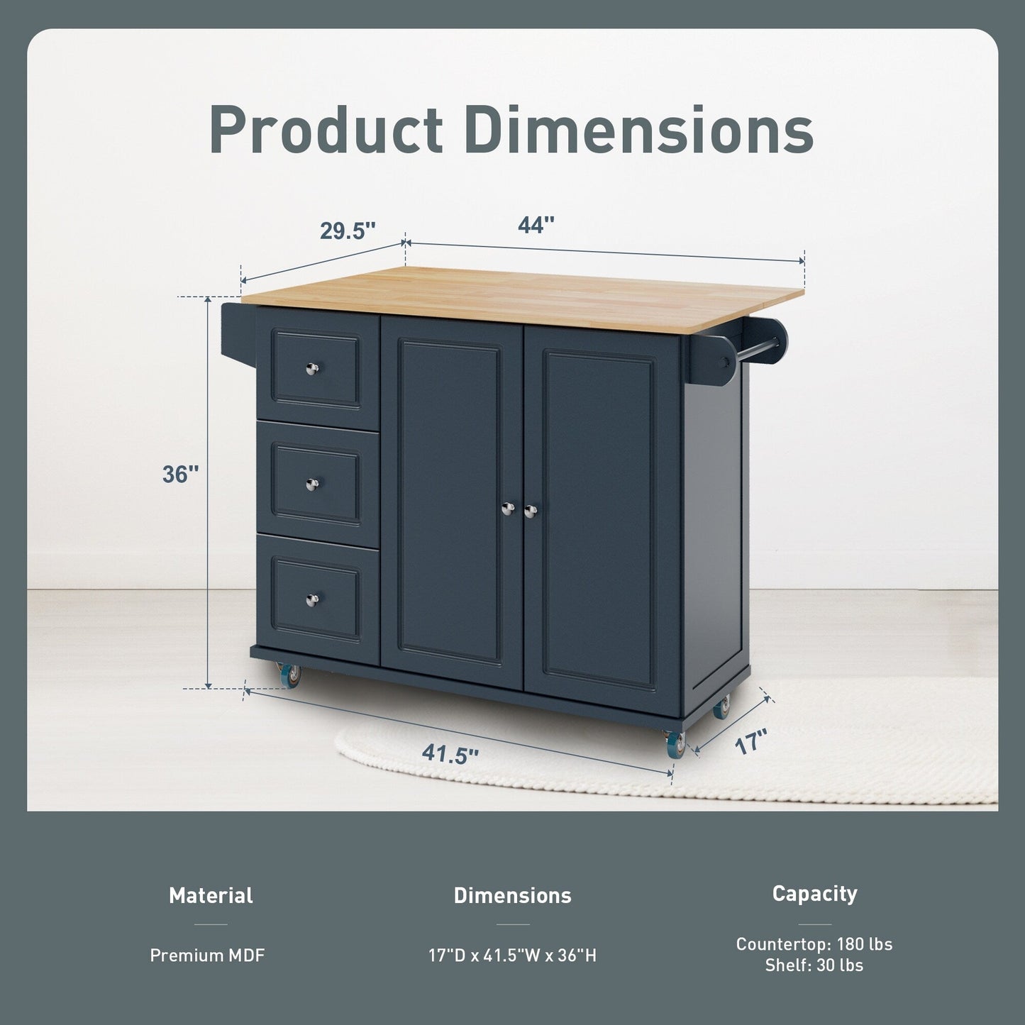Desserte de cuisine Sophia & William avec abattant et plateau en bois d'hévéa, chariot de cuisine roulant avec grand meuble de rangement
