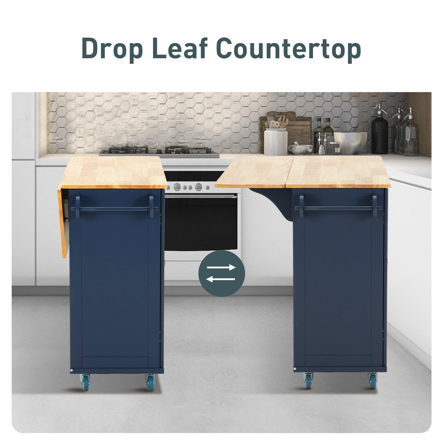 Desserte de cuisine Sophia & William avec abattant et plateau en bois d'hévéa, chariot de cuisine roulant avec grand meuble de rangement