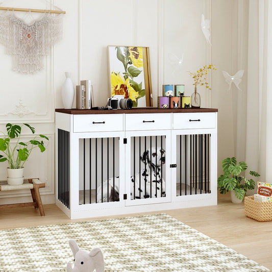 Élégant meuble en bois pour cage à chien avec rangement, 3 tiroirs