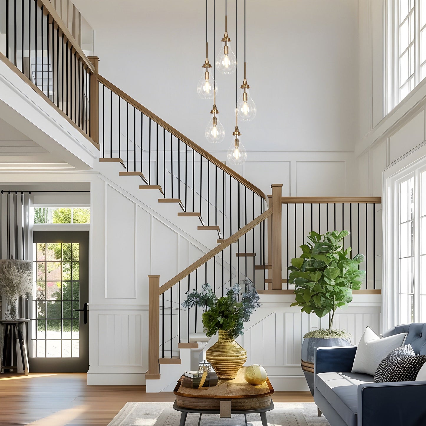 Synia Lustre moderne à 5 lumières en forme de larme en verre pour escalier, entrée, haut plafond - 38,1 cm x 46,2 à 189,9 cm