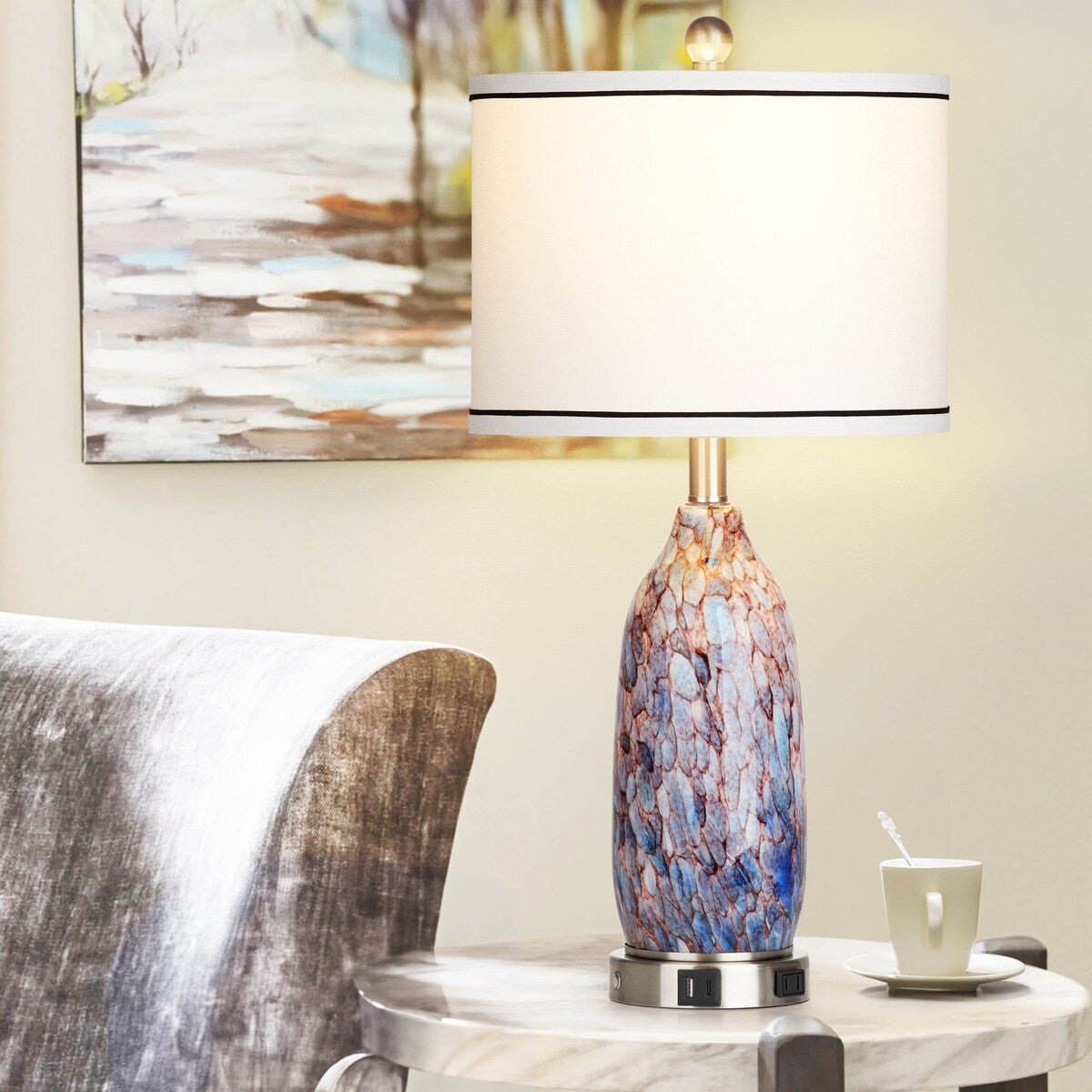 Lampe de table 2 en 1 avec veilleuse en verre indigo, ports de charge, prise secteur, abat-jour tambour, variateur tactile (lot de 2)