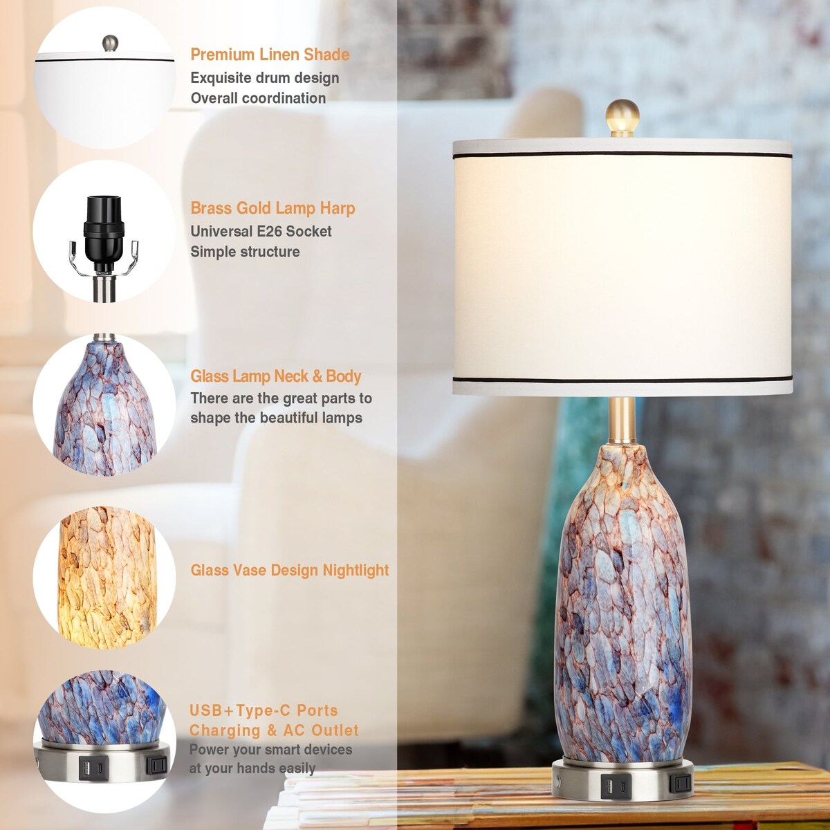 Lampe de table 2 en 1 avec veilleuse en verre indigo, ports de charge, prise secteur, abat-jour tambour, variateur tactile (lot de 2)