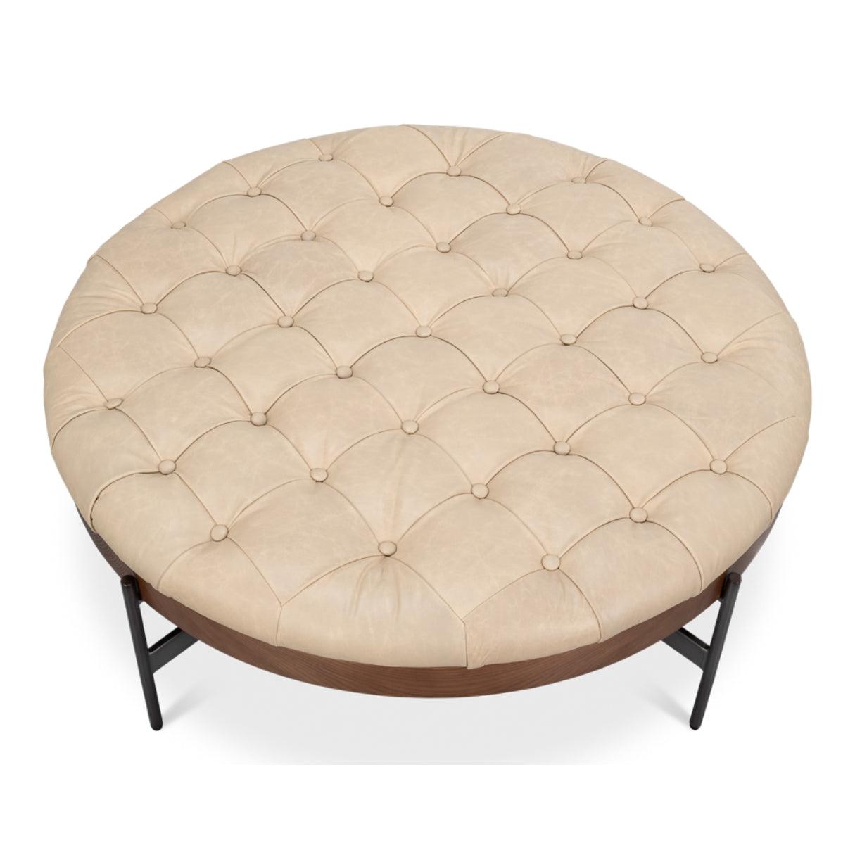 Pouf touffeté rustique en cuir pleine fleur