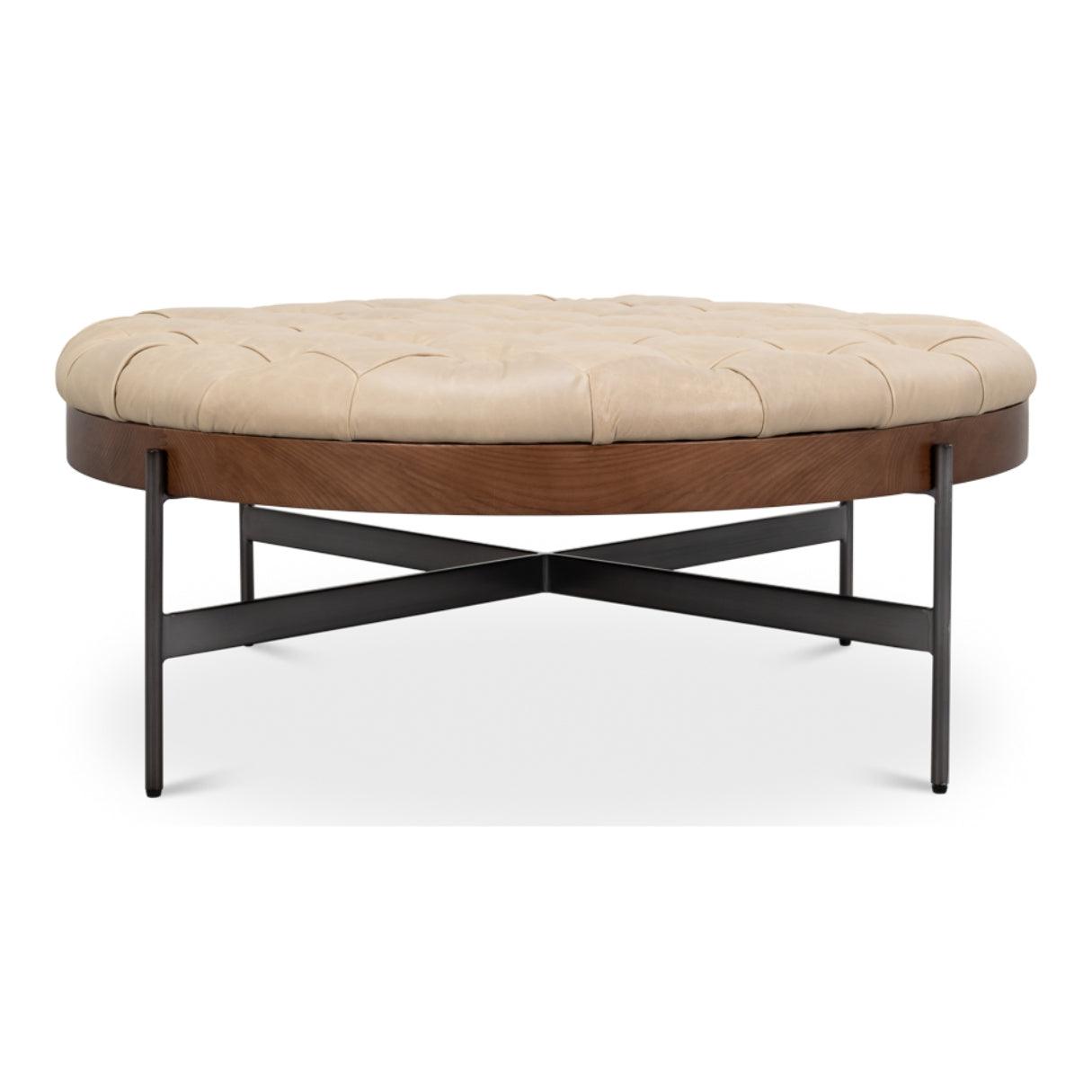Pouf touffeté rustique en cuir pleine fleur