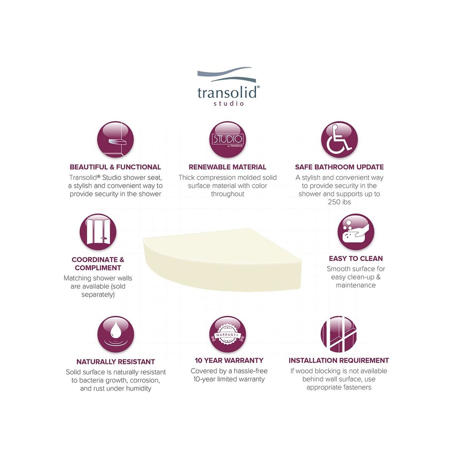 Siège de douche d'angle mural en surface solide Transolid Studio 14 po x 14 po - 14,5 x 14,25 x 3