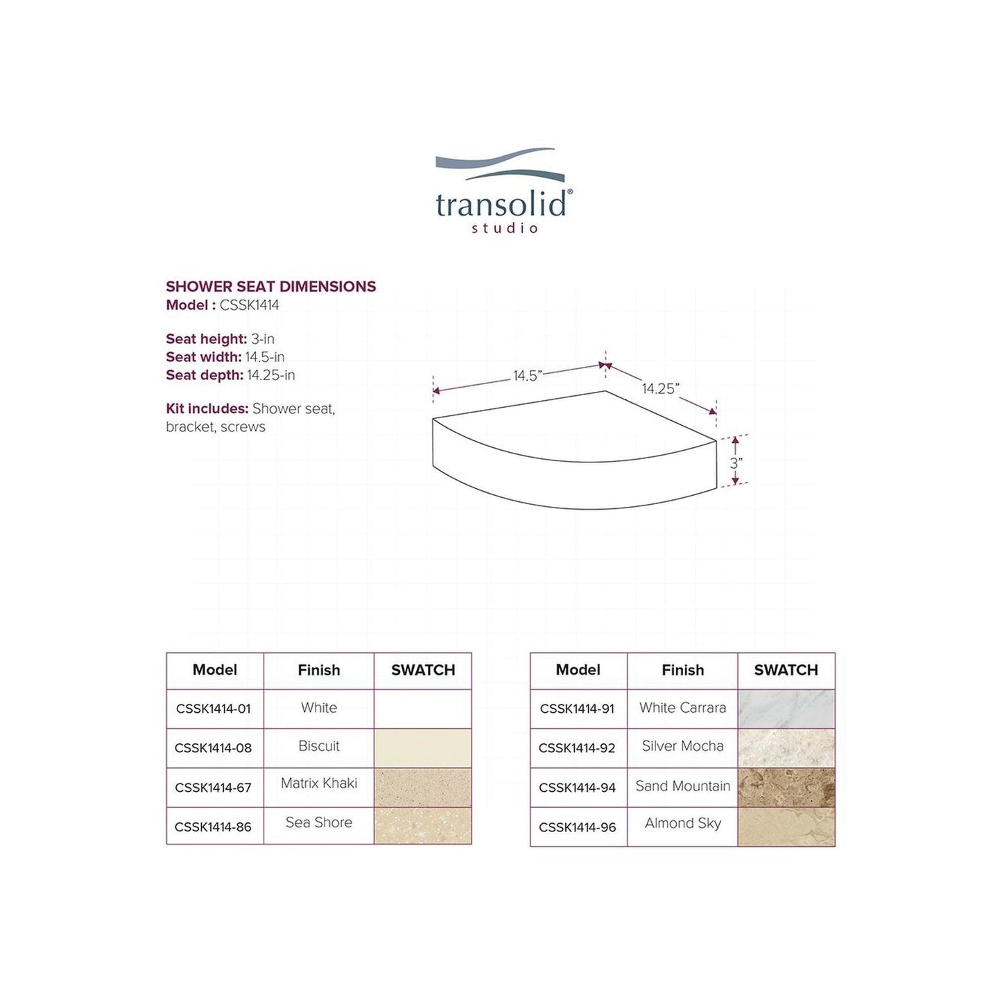 Siège de douche d'angle mural en surface solide Transolid Studio 14 po x 14 po - 14,5 x 14,25 x 3
