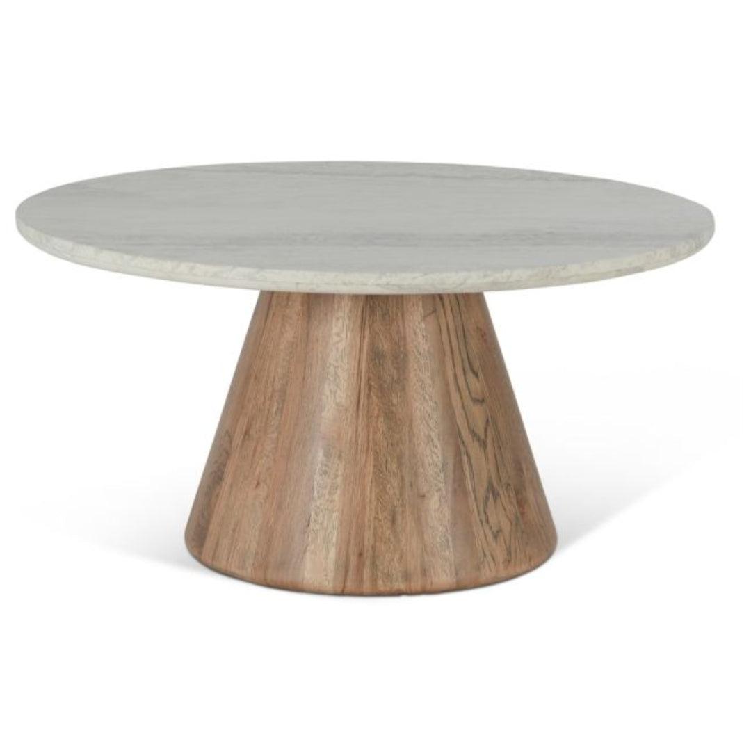 Table basse en travertin blanc avec base en chêne clair