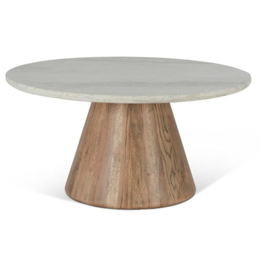 Table basse en travertin blanc avec base en chêne clair