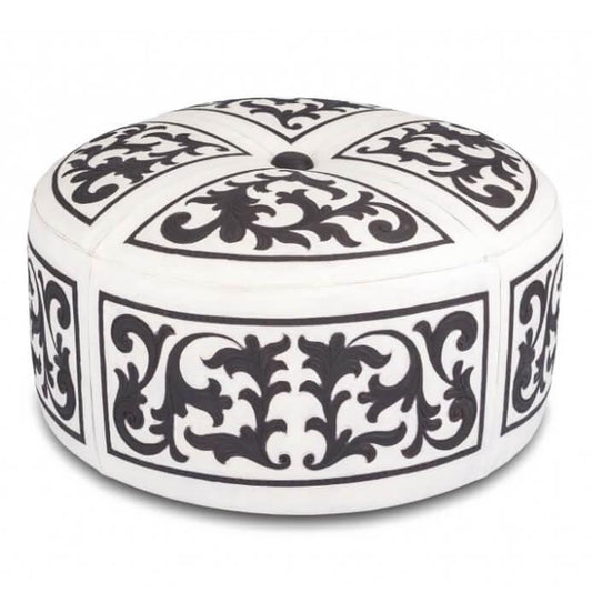 Pouf baroque rond en cuir à volutes