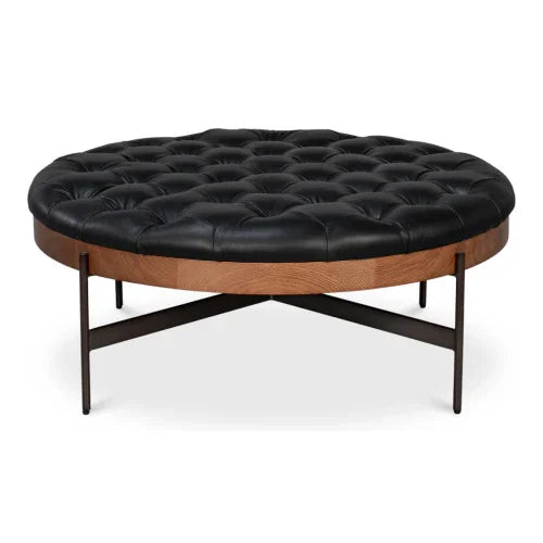 Pouf touffeté rustique en cuir pleine fleur