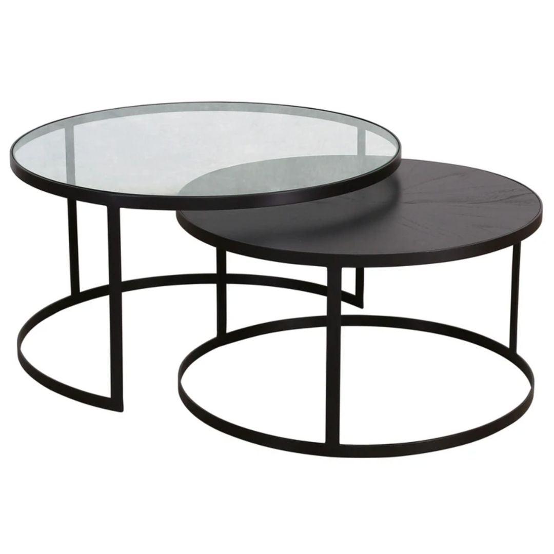 Tables gigognes en fer avec plateau en verre noir et bois