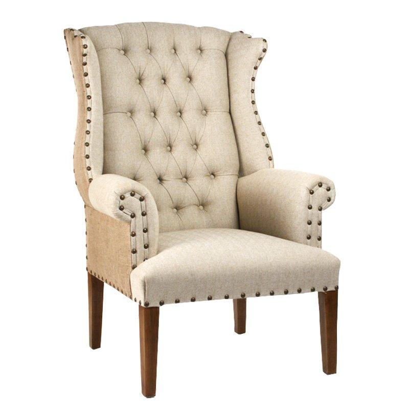 Fauteuil à oreilles capitonné en toile de jute et lin