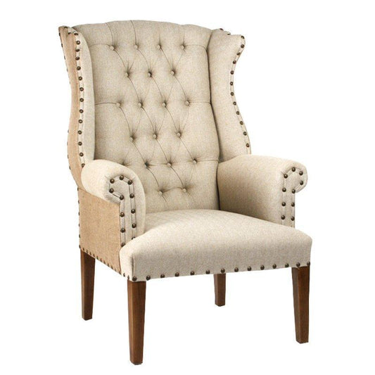 Fauteuil à oreilles capitonné en toile de jute et lin