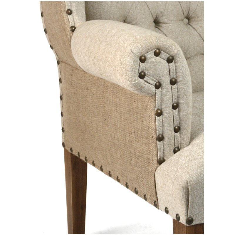 Fauteuil à oreilles capitonné en toile de jute et lin