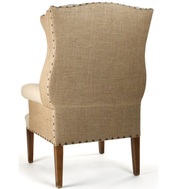 Fauteuil à oreilles capitonné en toile de jute et lin