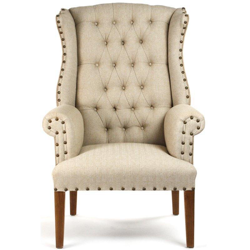 Fauteuil à oreilles capitonné en toile de jute et lin