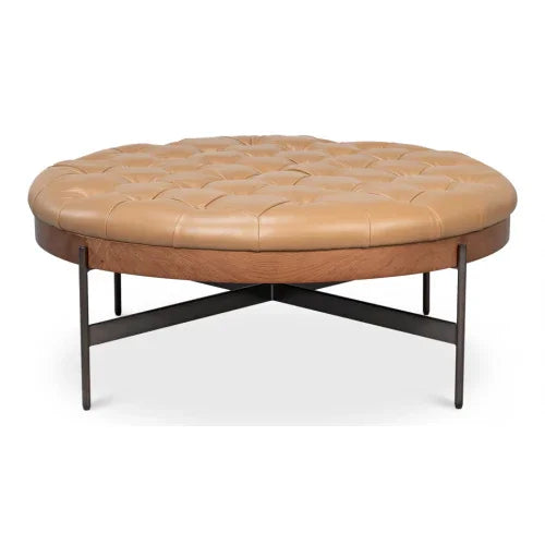 Pouf touffeté rustique en cuir pleine fleur