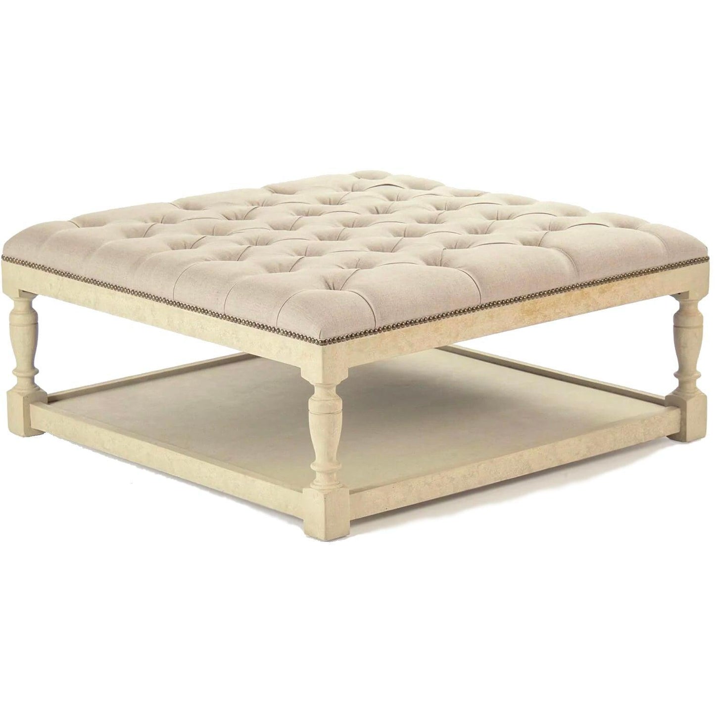 Pouf carré capitonné blanc cassé vieilli