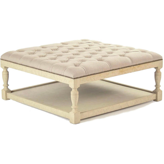 Pouf carré capitonné blanc cassé vieilli